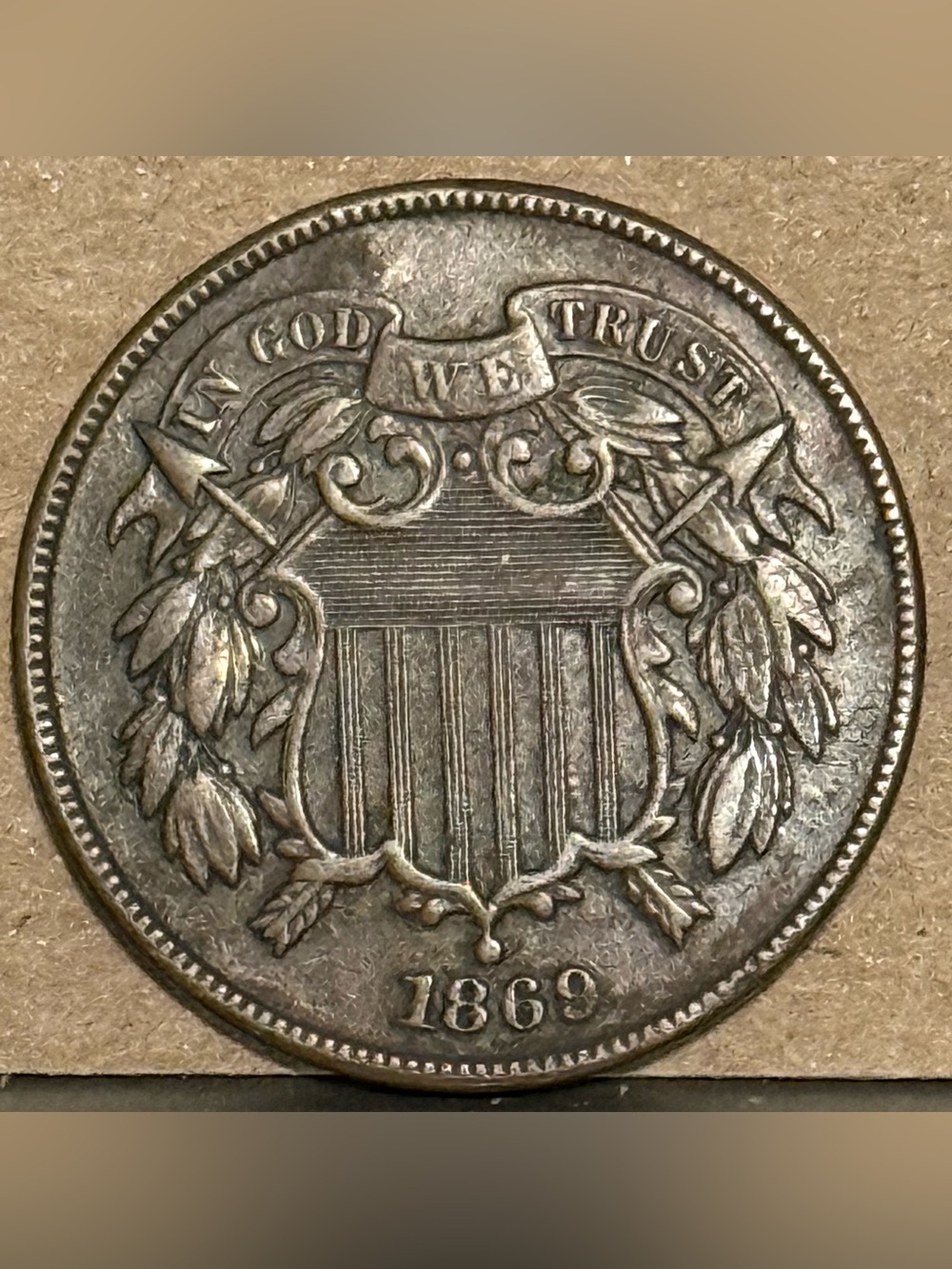 1869 Shield 2 Cent Piece Coin • Ungraded XF (Extremely Fine)